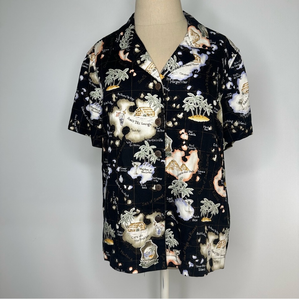 Vintage 90 Havana Jack's Cafe Happy Hour Vacation Print Graphic Button Up